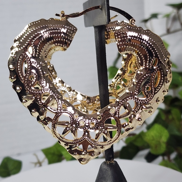 Large Statement Gold Filled Doorknocker Filigree Hoop Earrings - Picture 5 of 8